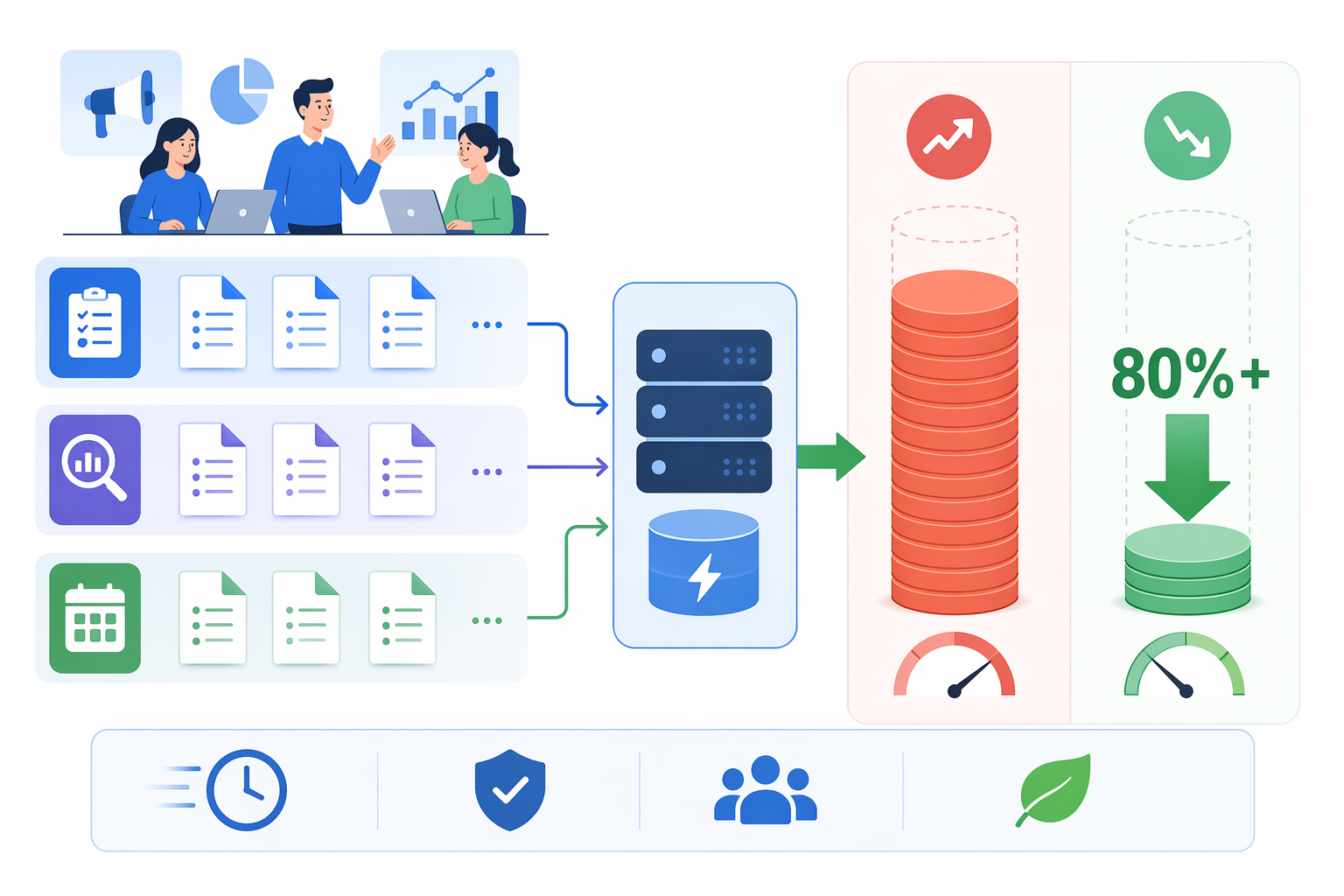Repeated marketing prompts flowing through a prompt caching workflow with lower cost shown beside higher cost