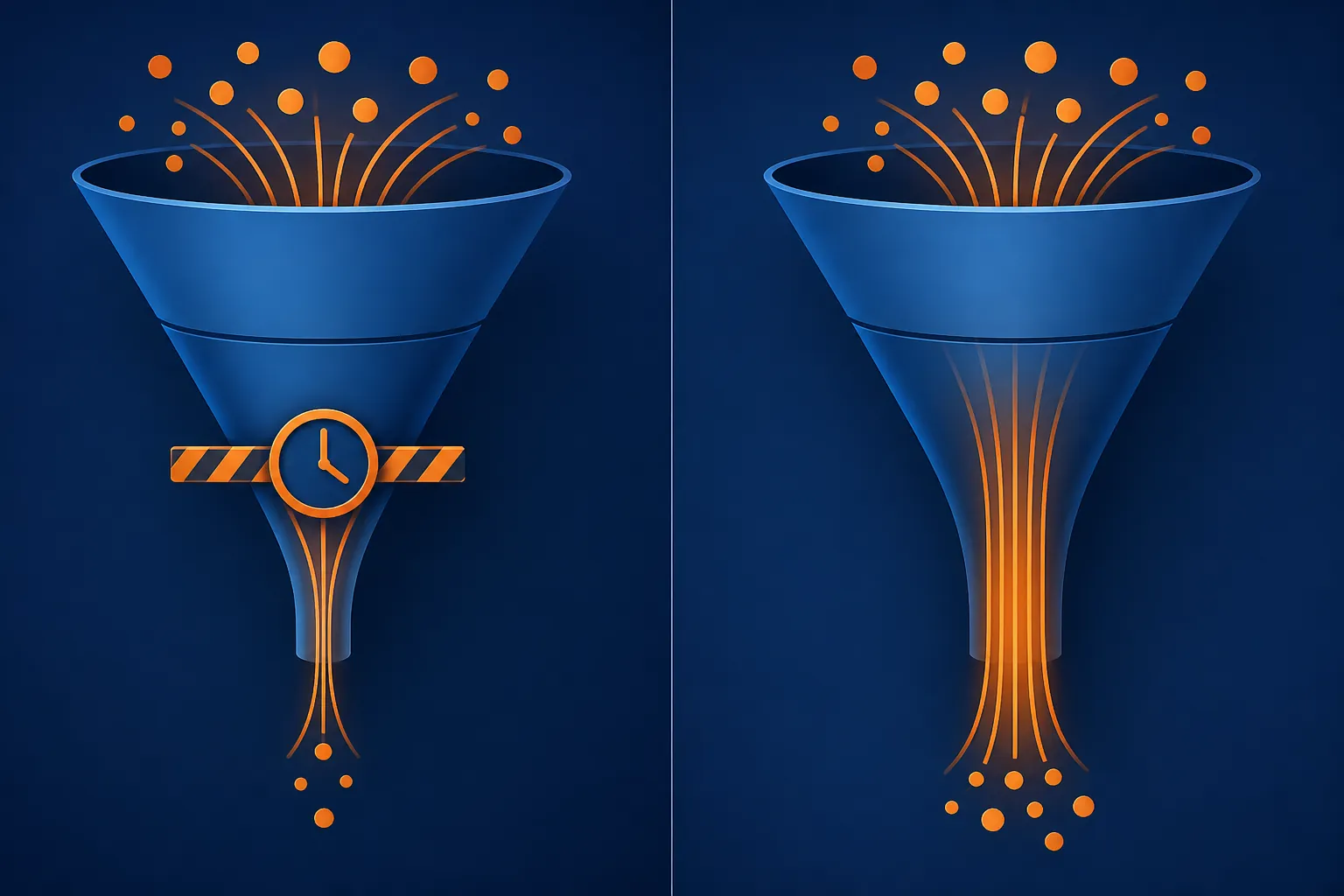 Comparison of a funnel with a clock bottleneck and a funnel with the barrier removed