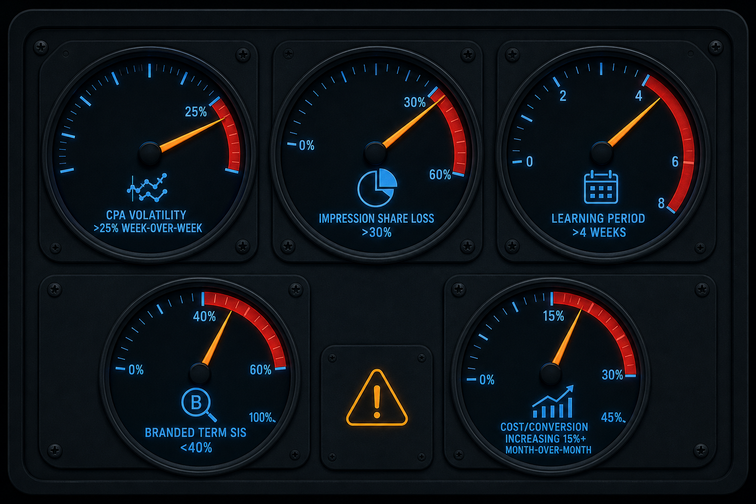 An instrument-panel style editorial illustration on a dark background with five illuminated gauge dials in blue and amber, each indicating a PPC warning threshold: CPA volatility exceeding 25% week-over-week, impression share loss above 30%, learning period beyond 4 weeks, branded term SIS below 40%, and cost per conversion increasing over 15% month-over-month, with red alert zones on each gauge.