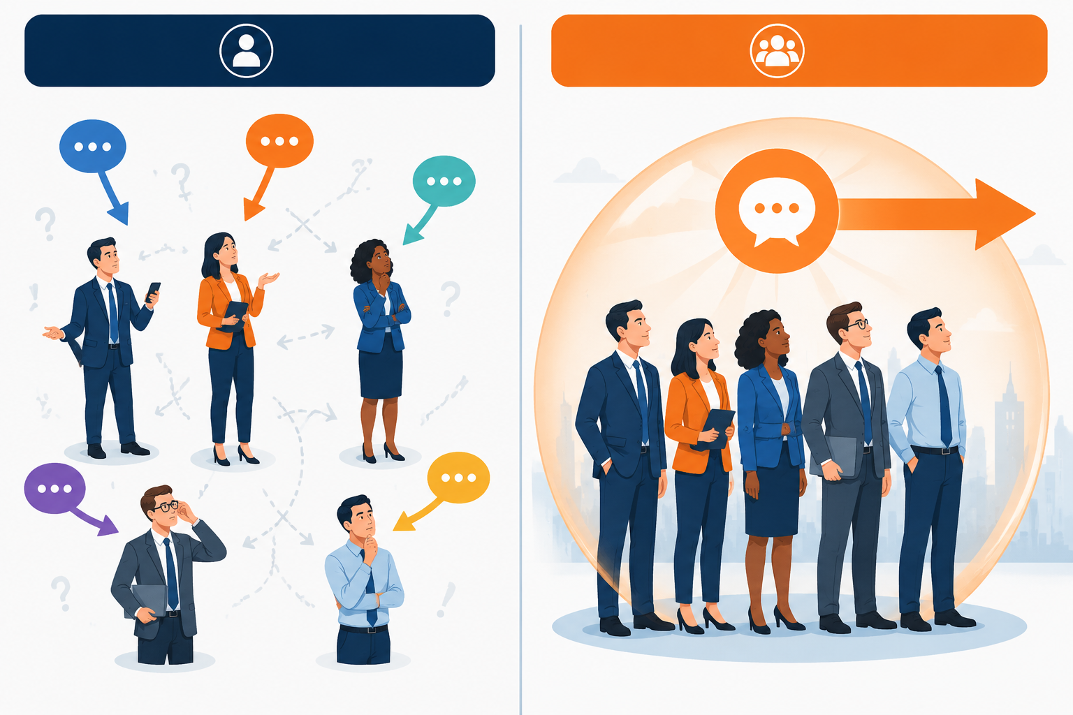 Side-by-side illustration comparing fragmented individual targeting with unified buying group alignment