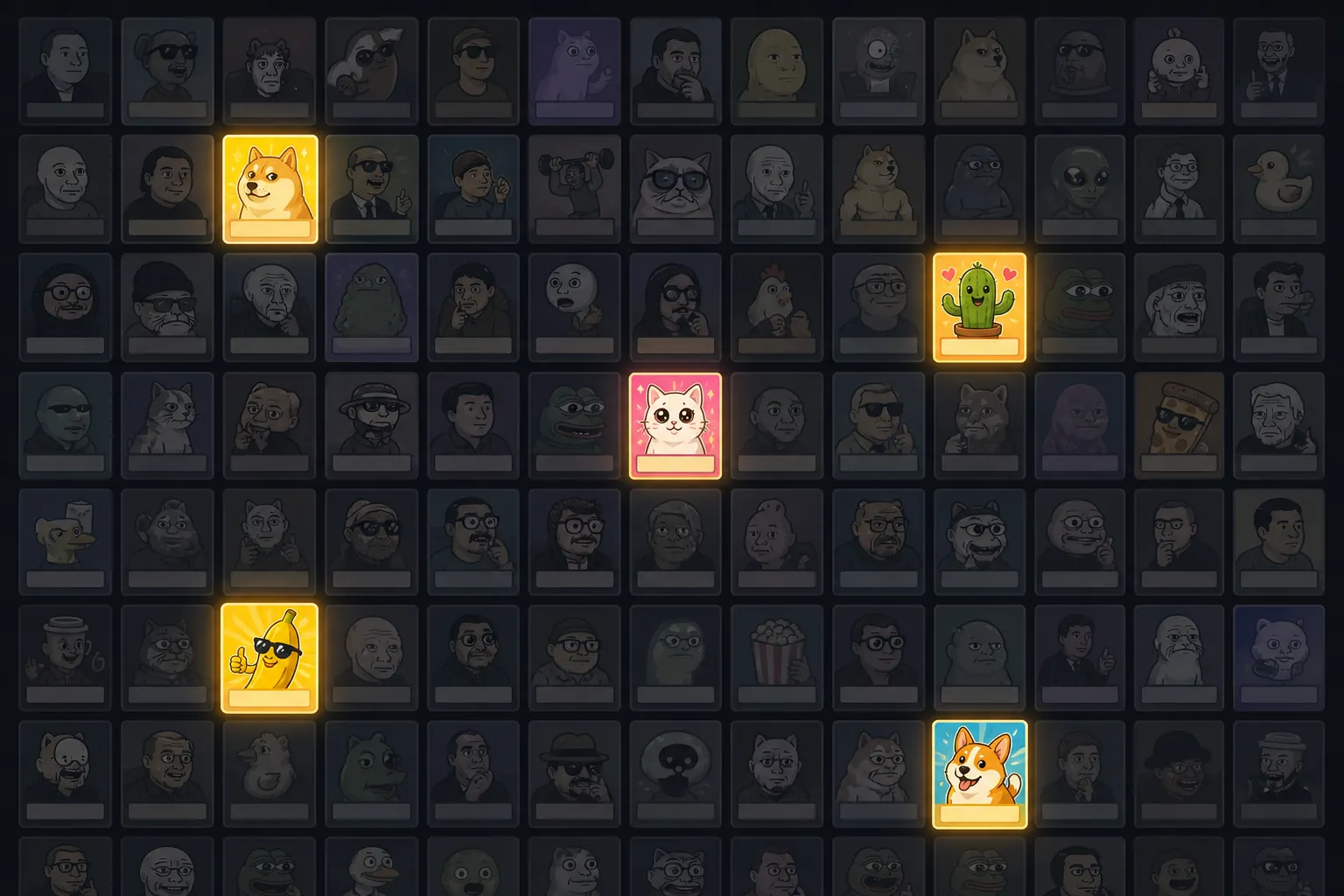 Grid of meme-style ad thumbnails with only a few bright winning variants