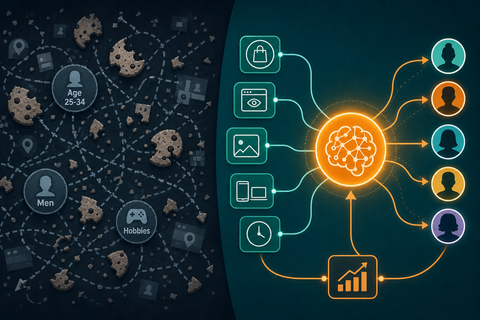 A split editorial illustration showing old cookie-era targeting on the left transitioning to modern AI-driven targeting on the right.