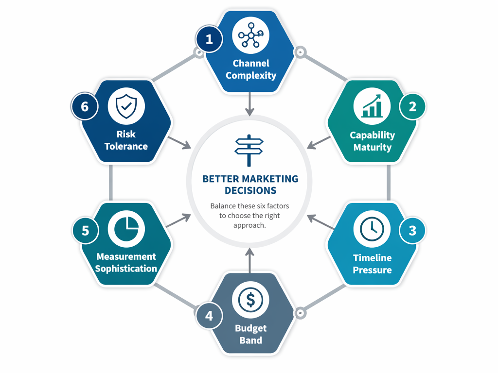 Six-factor decision framework for choosing between an AI marketing agency and an AI platform