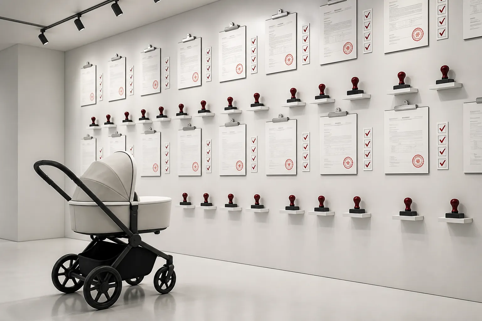 Empty baby stroller facing a wall of regulatory documents and red stamp marks