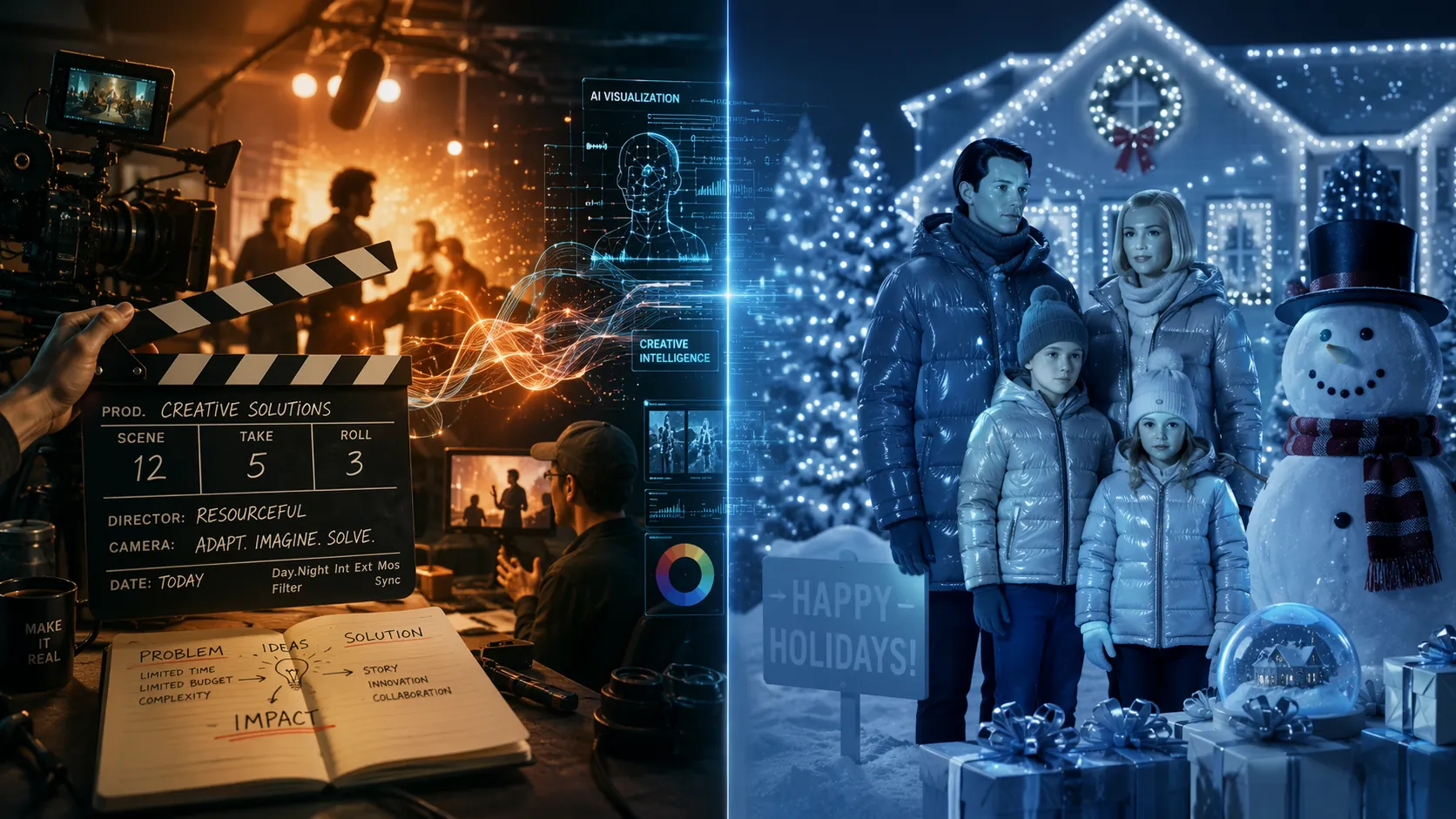 Split cinematic illustration contrasting resourceful AI film production with hollow synthetic nostalgia