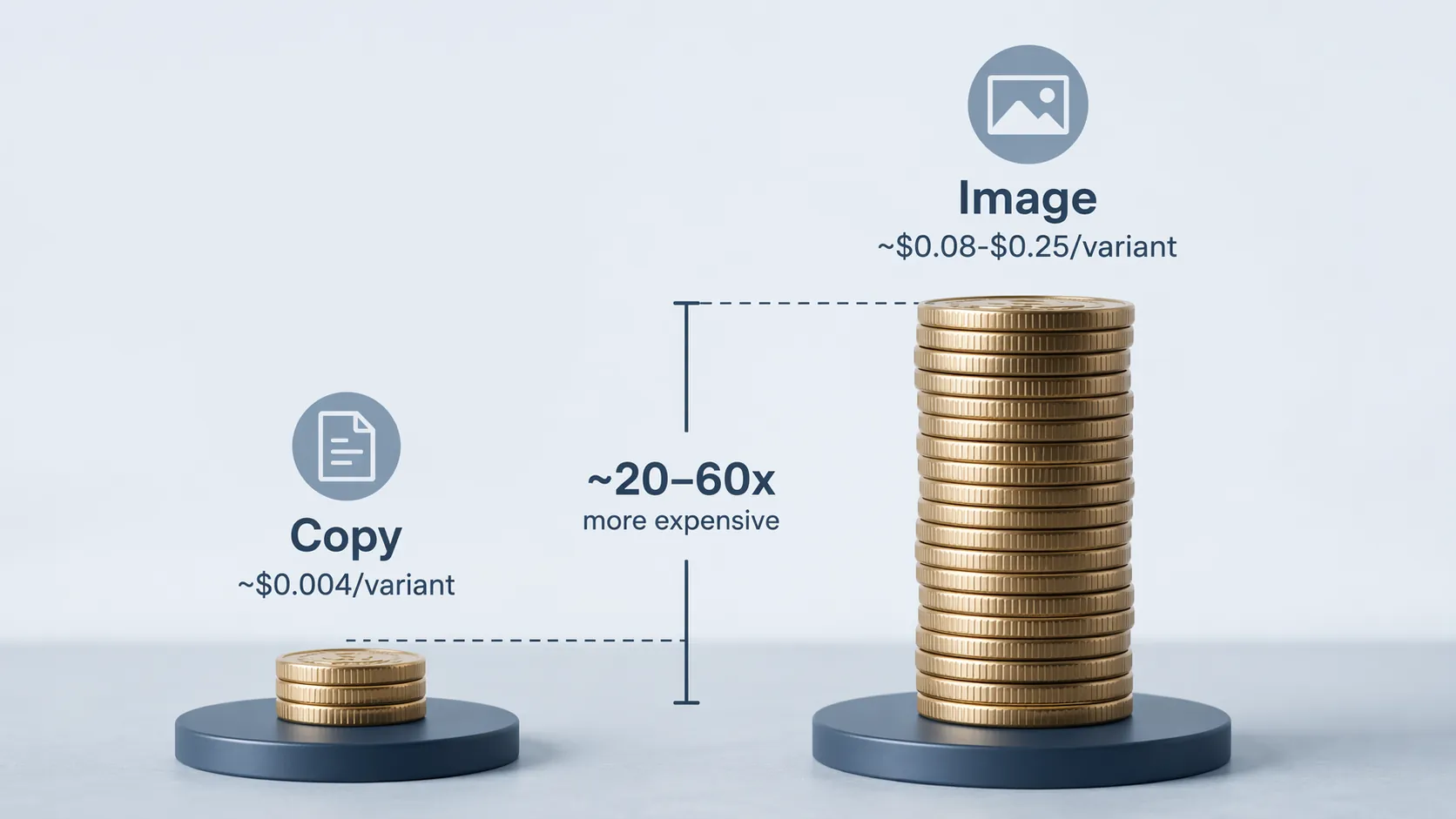 Cost breakdown showing copy generation as a small coin stack beside a larger image generation cost range