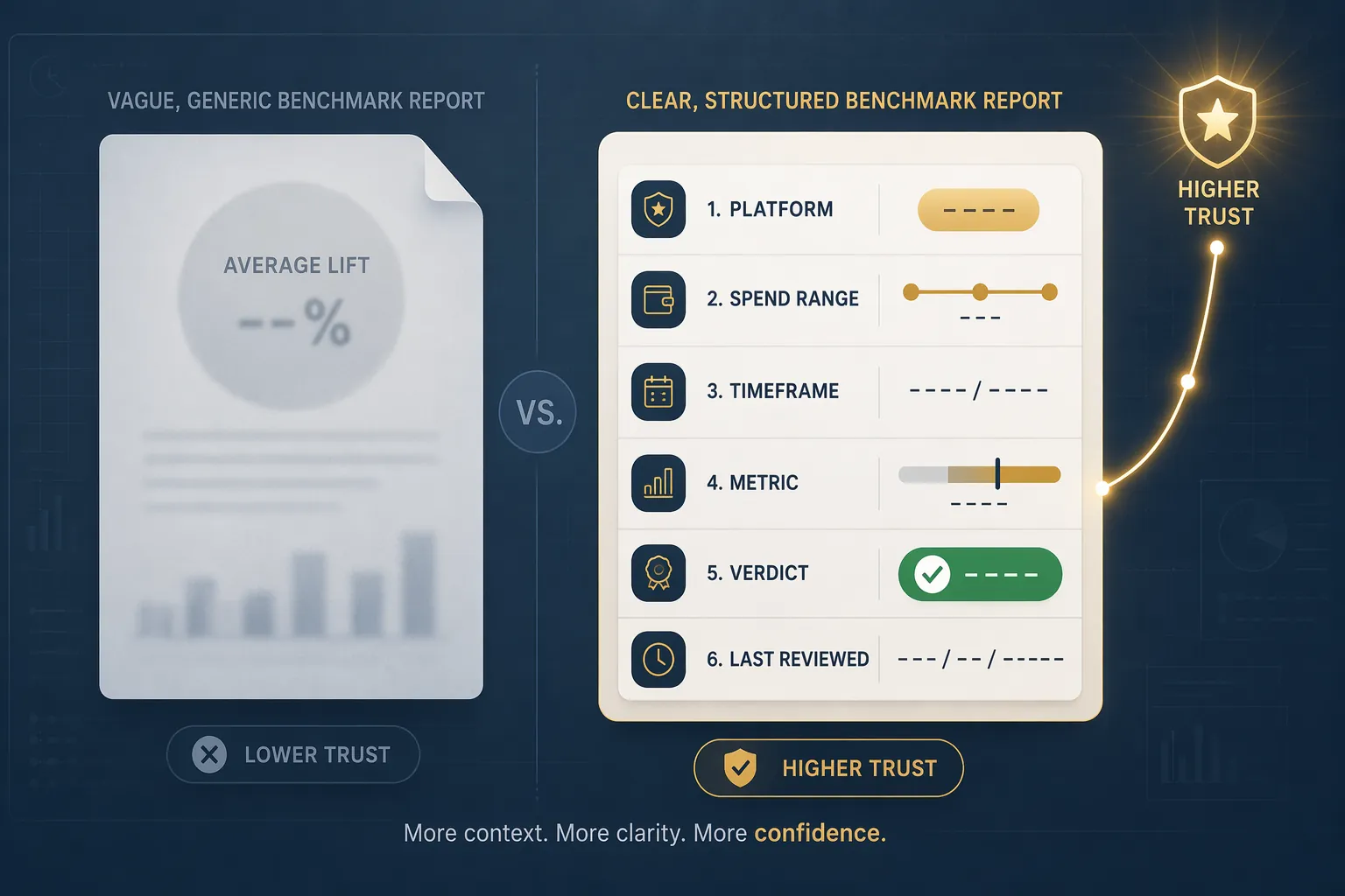 A vague average-lift report card compared with a structured AI benchmark verification card