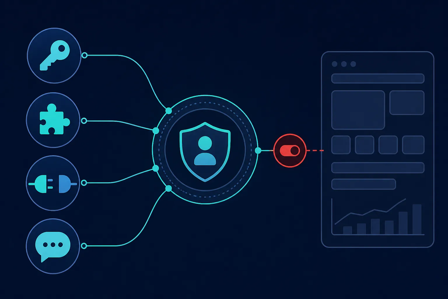 Keys, browser extensions, API connectors, and chat tools converging into a named governance hub with a disconnect switch