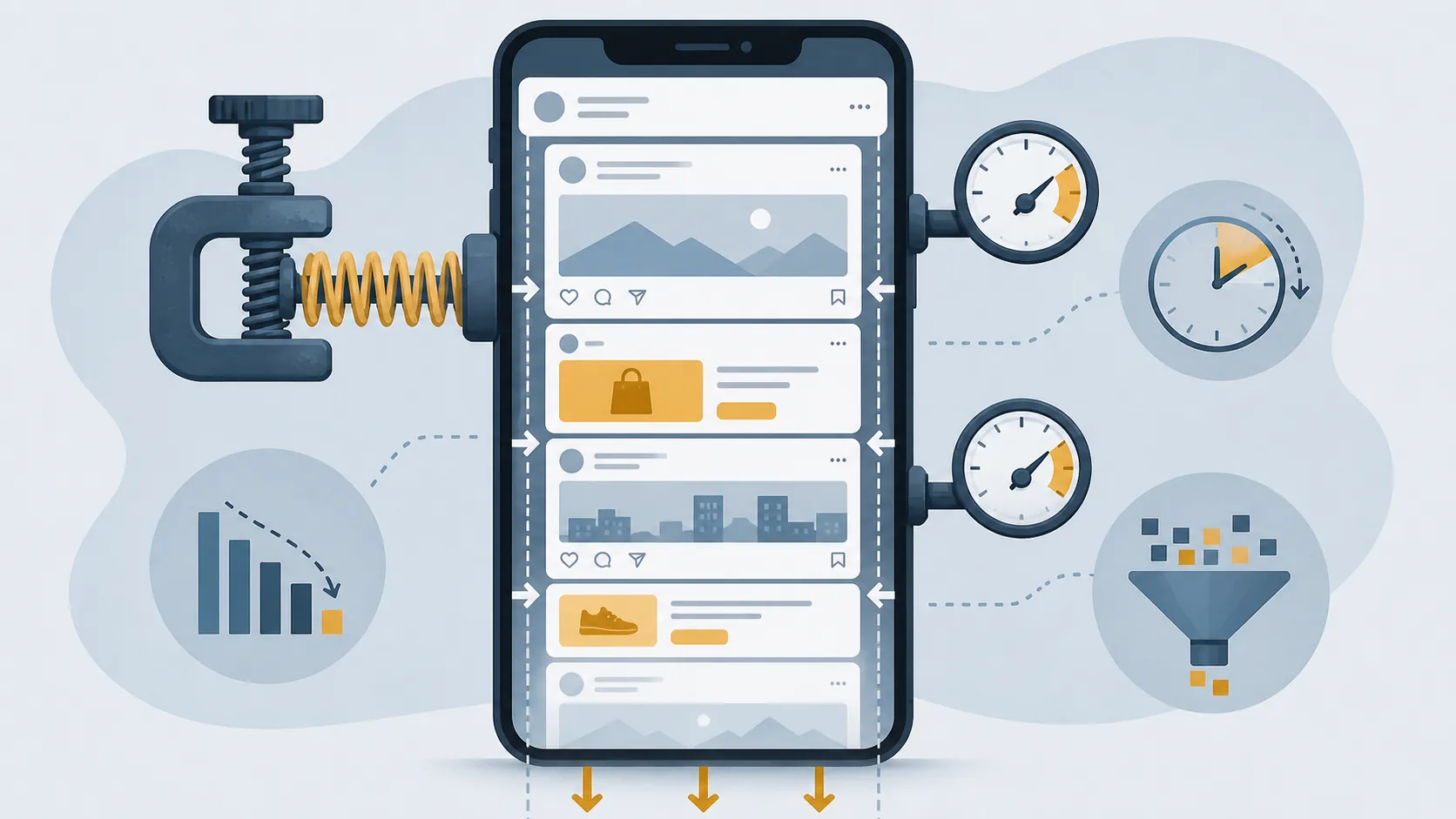 Smartphone social feed compressed by pressure gauges and shrinking cards to show reduced feed depth and inventory reach