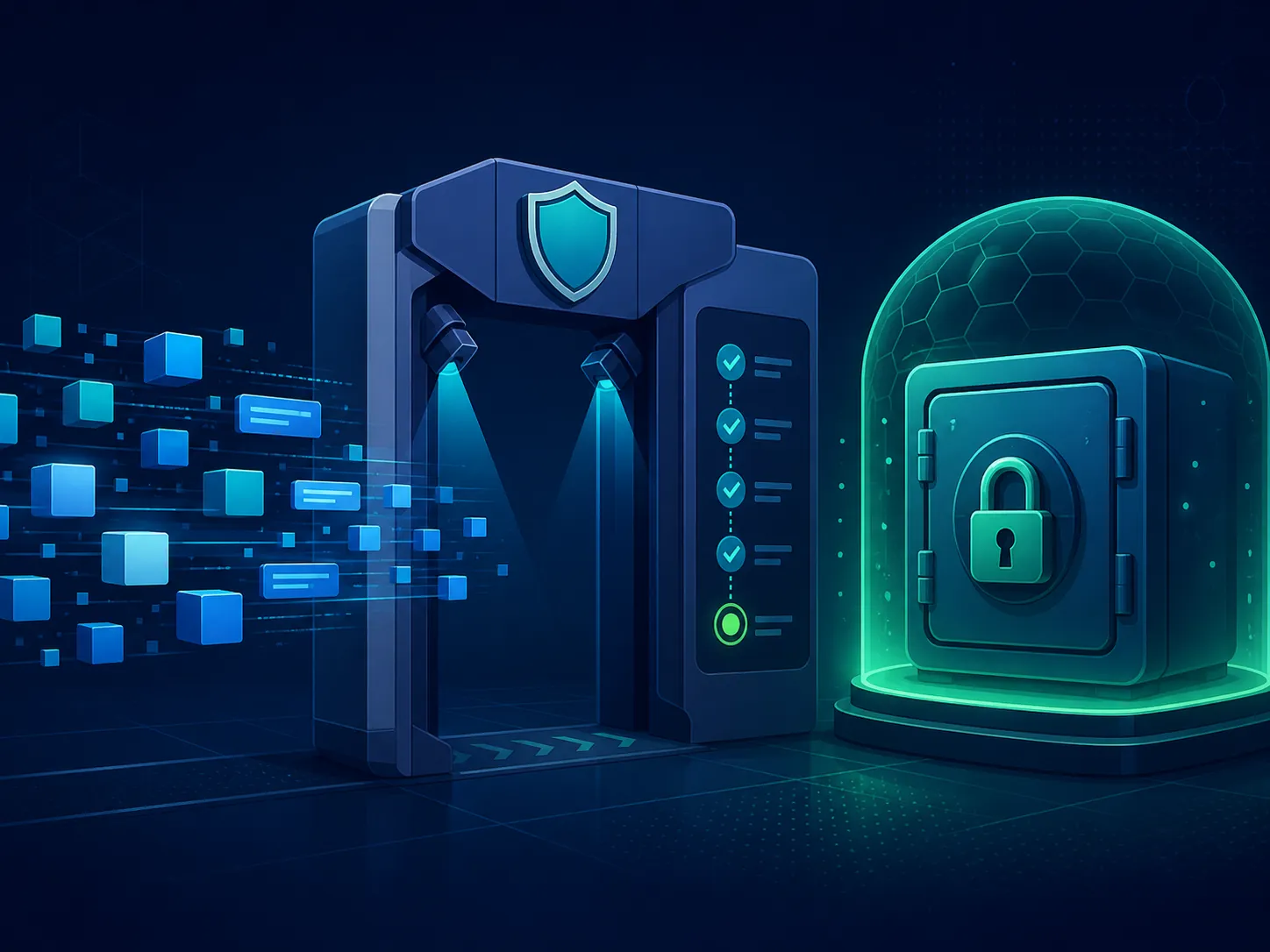 Security checkpoint inspecting loaded AI content before it reaches a locked ad-account vault
