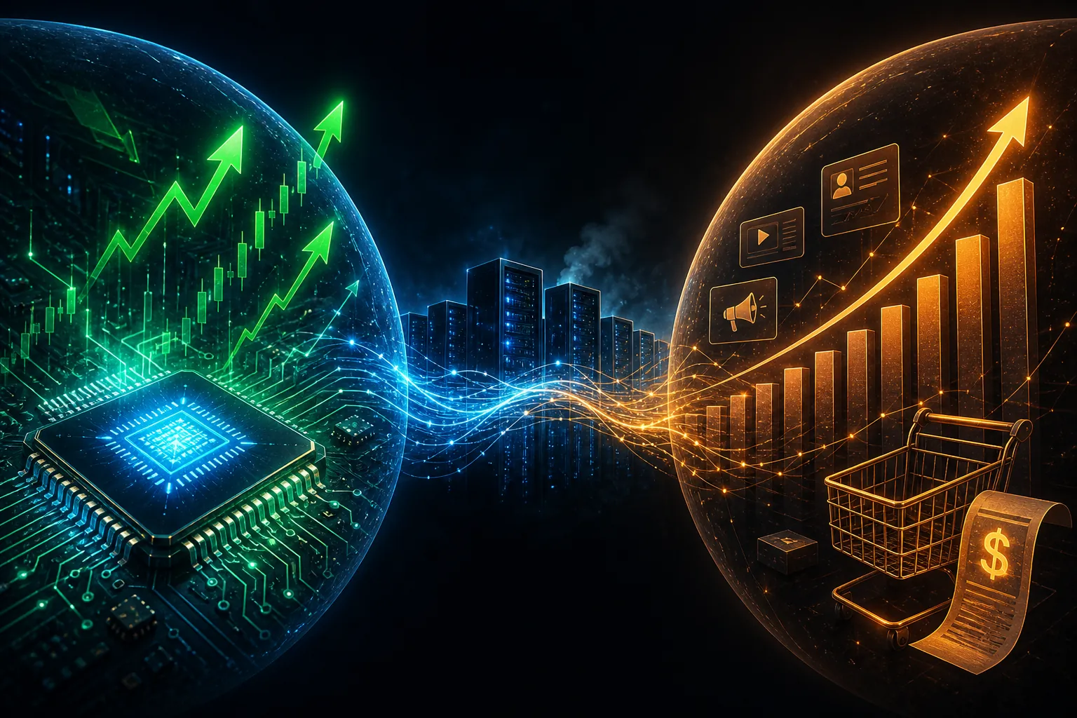 A semiconductor stock surge connected to rising advertiser cost charts through data center infrastructure