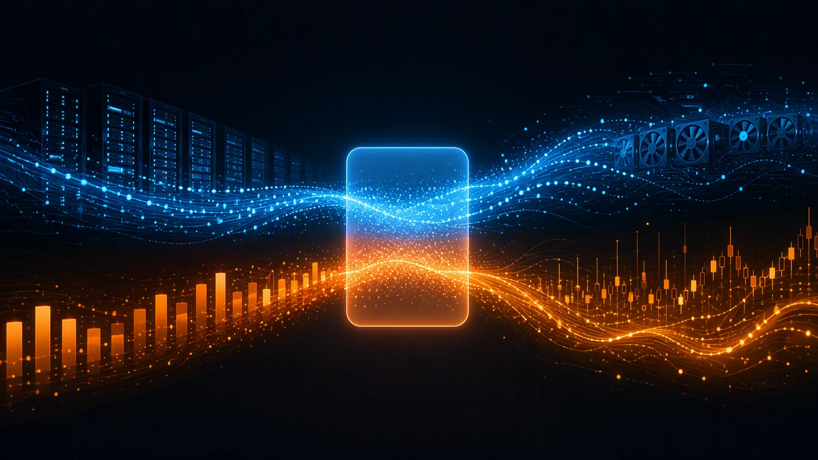 Glowing data-center infrastructure stream overlapping with rising bid-price bars