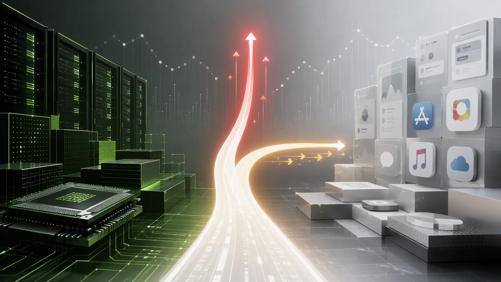Split illustration of Nvidia-style GPU infrastructure and Apple-style monetization with cost arrows over an ad auction pattern