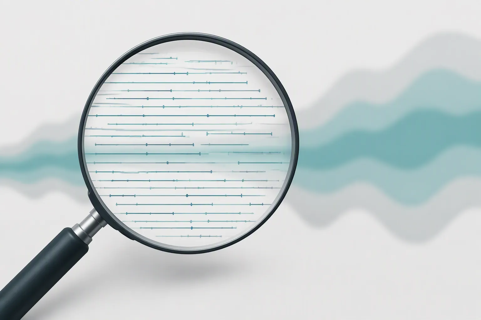 Magnifying glass over rows of data lines representing named and dated spend evidence