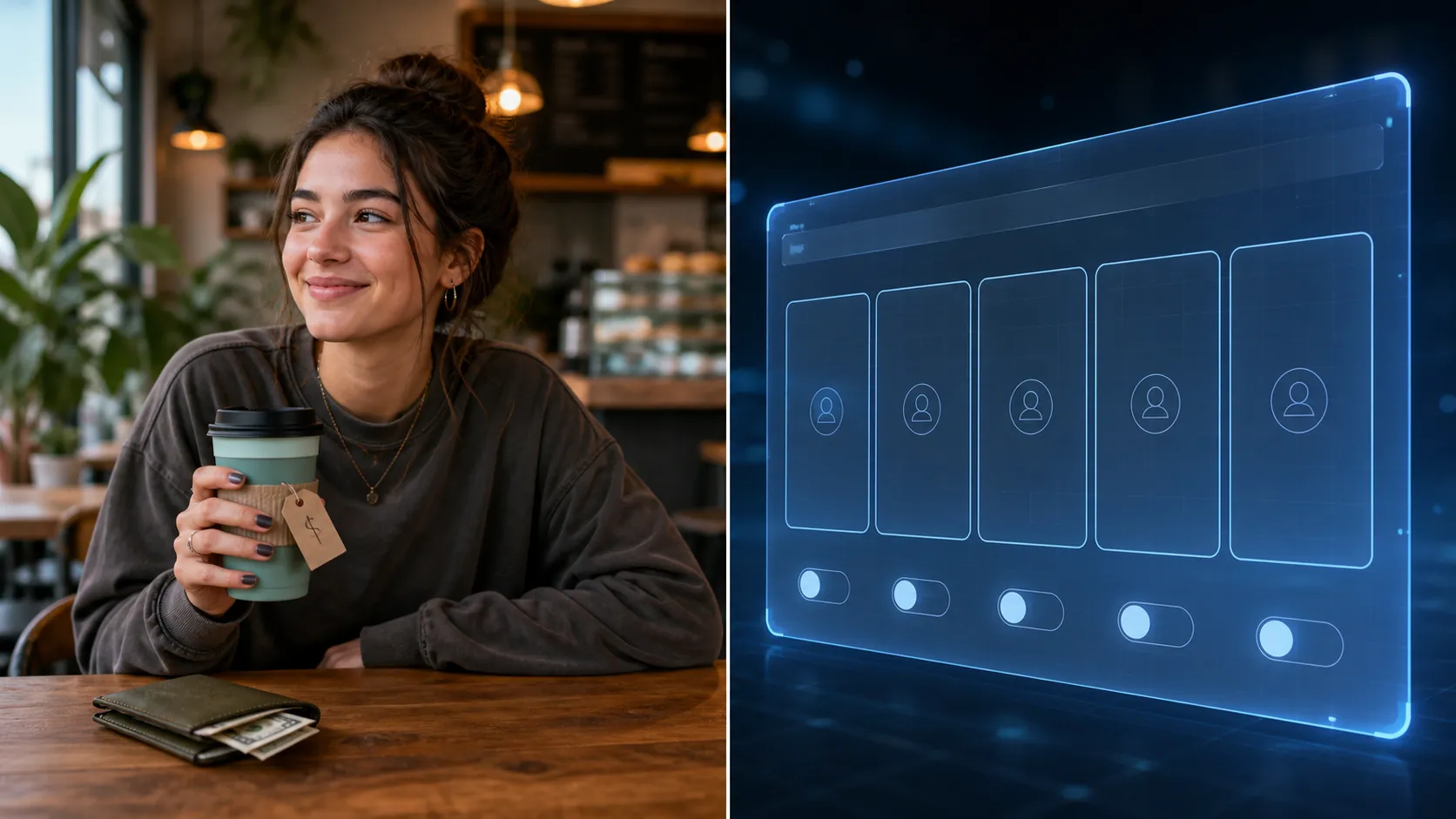 A young woman with a budget-conscious cafe purchase beside an ad dashboard showing empty targeting segment slots