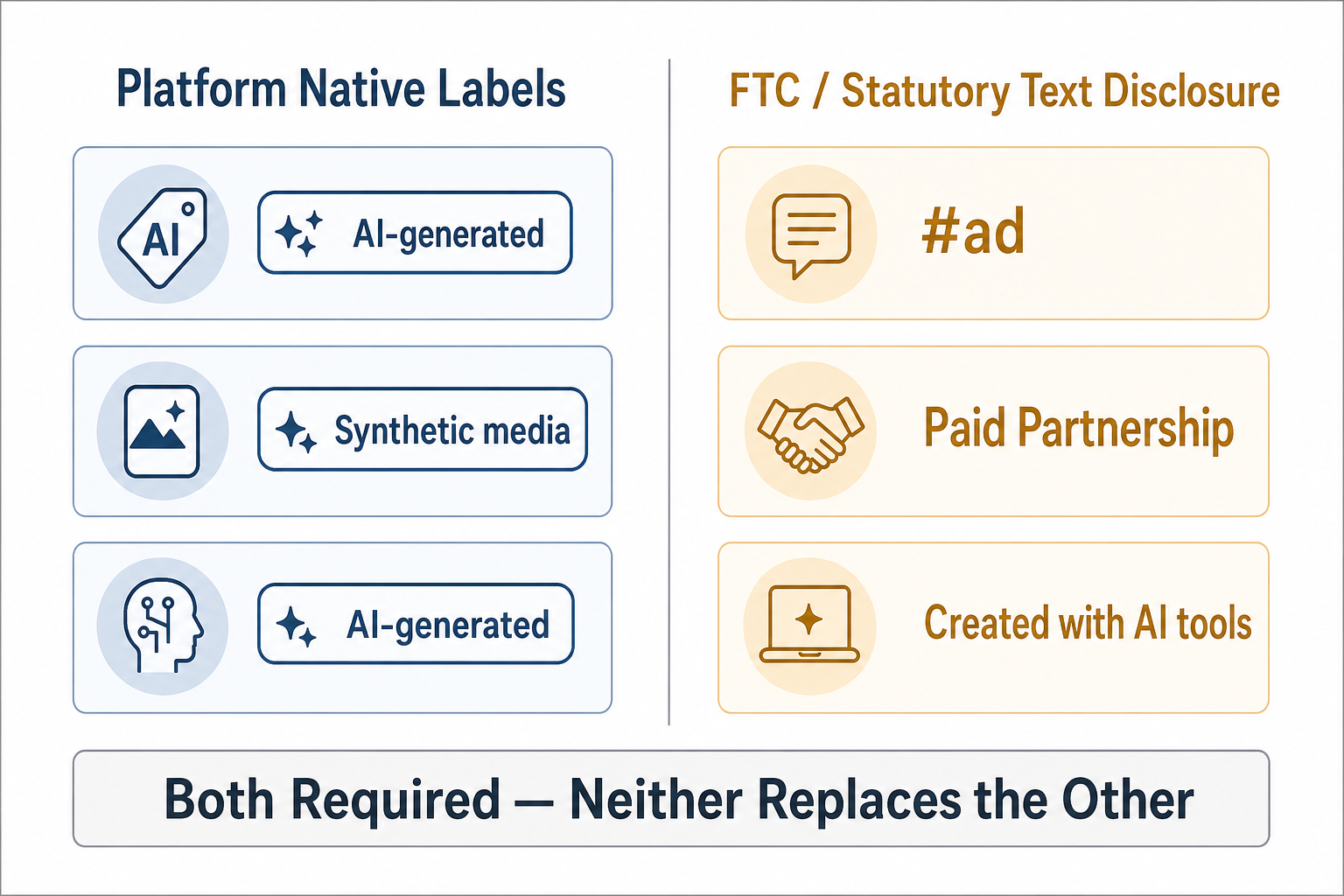 Two-column diagram showing platform native AI labels on the left and FTC statutory text disclosure examples on the right, with a note that both tracks are required