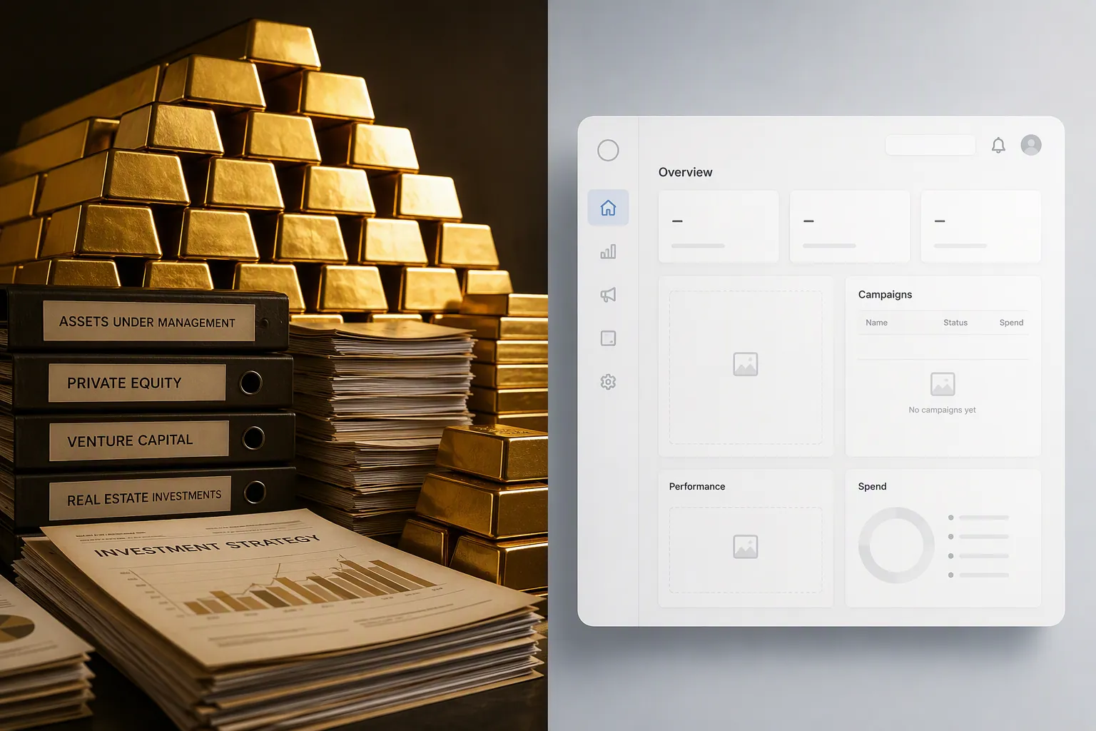 Gold bars and financial documents contrasted with a sparse digital advertising dashboard