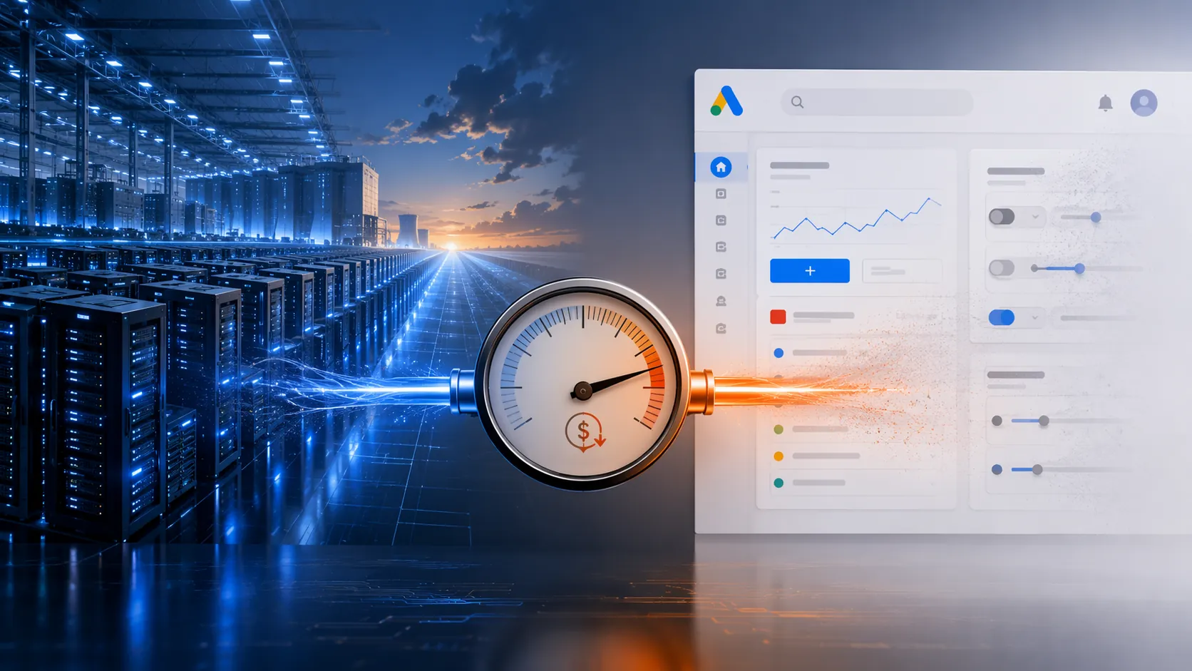 AI data center racks connected by a pressure arrow to a fading Google Ads campaign dashboard