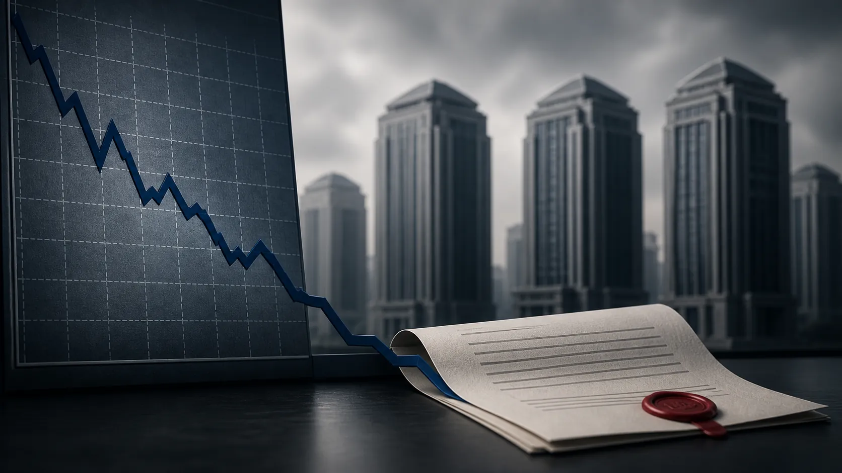 Falling financial chart ending in a sealed legal document with bank towers in the background