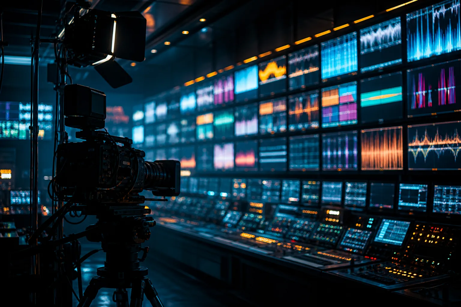 Television broadcast control room with glowing monitor walls and a studio camera silhouette