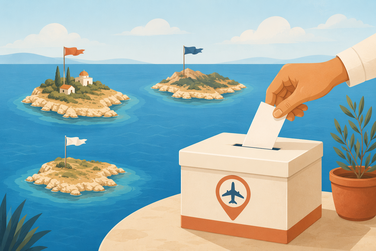 Conceptual illustration of travelers voting on Mediterranean island destinations
