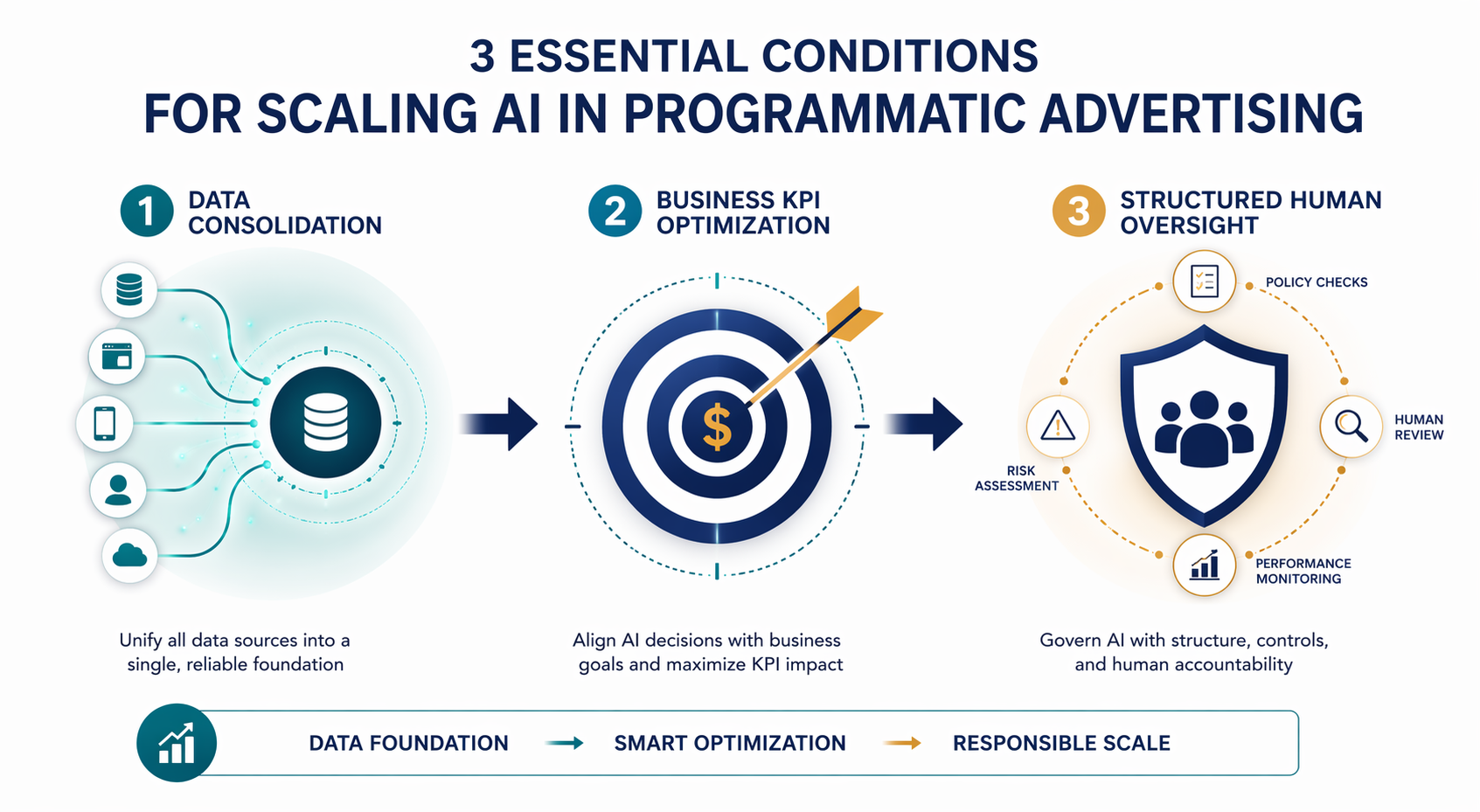 Flow diagram showing unified data, business KPI optimization, and governance checkpoints for scaling AI in programmatic