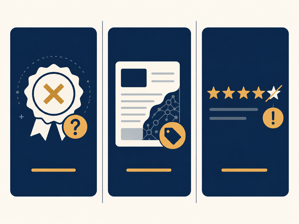 Three panels representing the three FTC AI risk areas: AI capability claims, AI-generated content disclosure, and AI-generated fake reviews