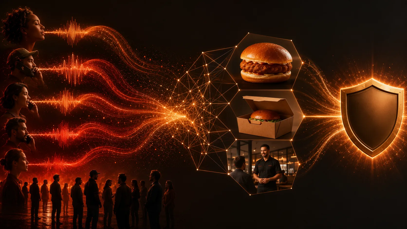 Customer voices transforming into Burger King operational elements including a bun, box packaging, manager figure, and guarantee emblem