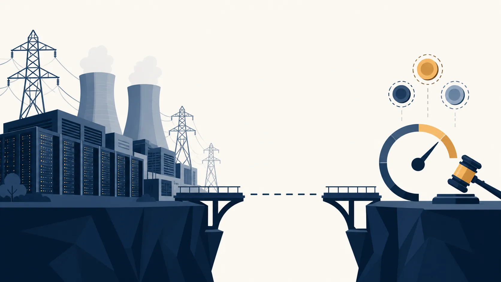 A data center campus and an advertising auction separated by an unfinished bridge, representing the unverified connection between infrastructure policy and ad prices