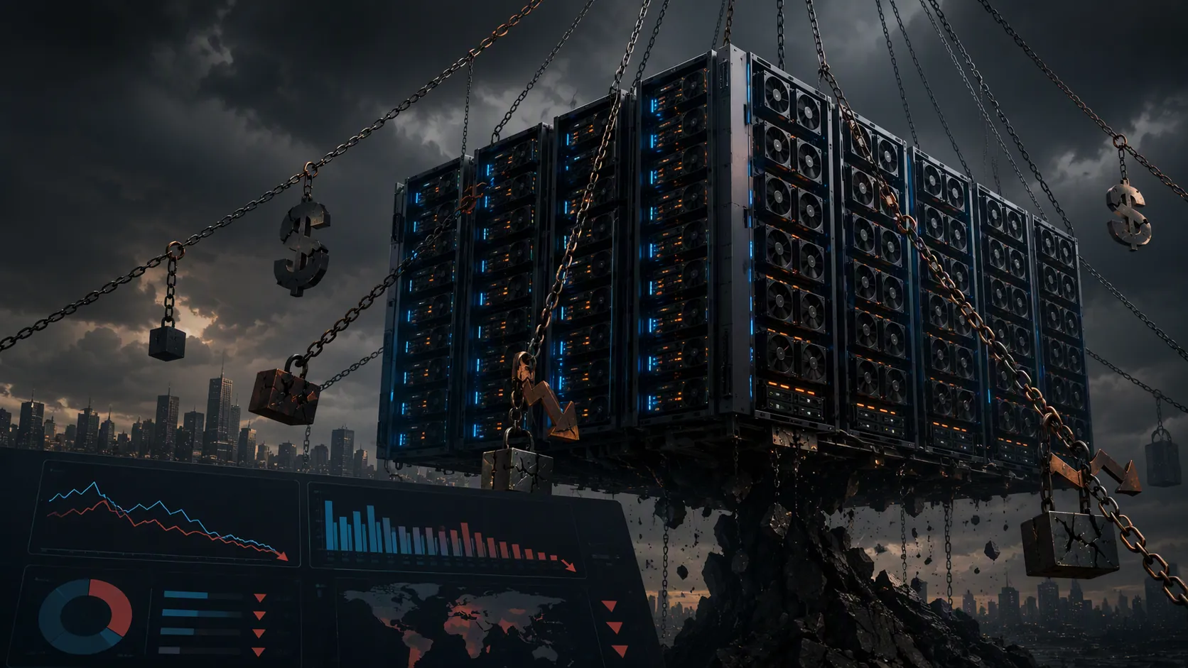 GPU server racks in a dark data center connected by chain-like financial constraints with campaign performance indicators under pressure