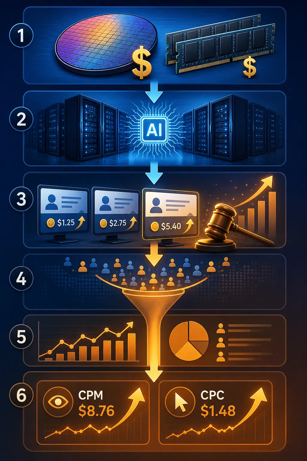 Flowchart from semiconductor wafers and memory modules through data centers, ad auctions, and rising CPM and CPC dashboards