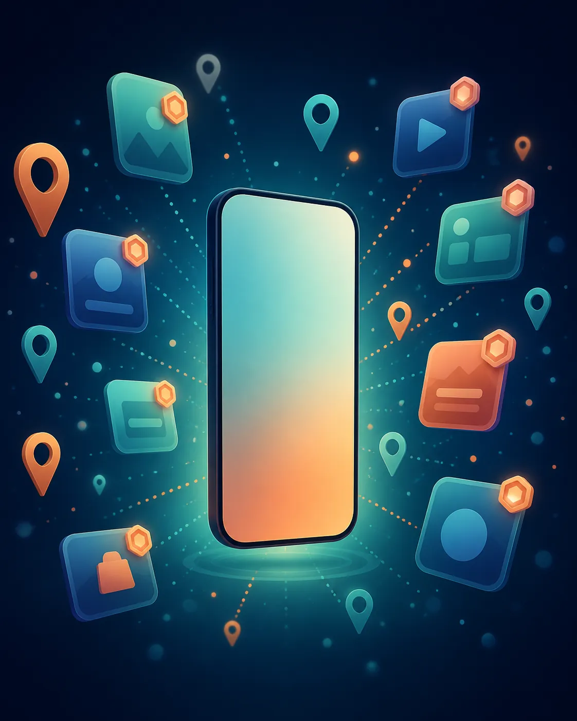 Smartphone with map pins and app tiles suggesting paid placements