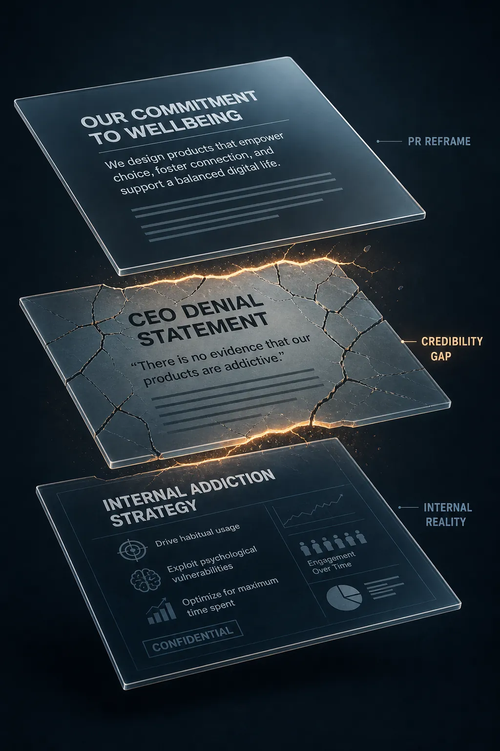 Three layered documents showing internal strategy, CEO denial, and PR reframe separated by a credibility gap