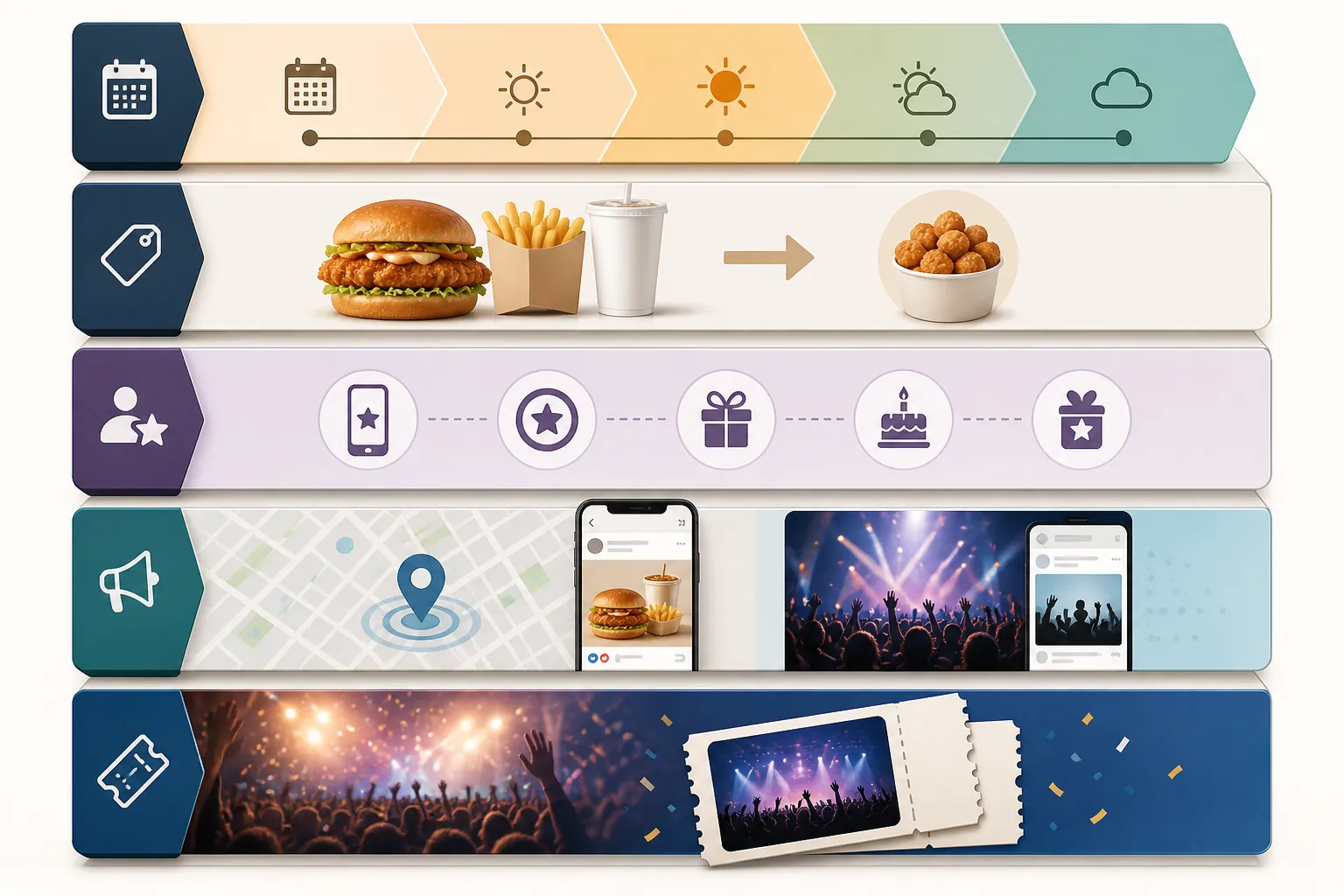 Layered restaurant acquisition stack with timeline, offer, loyalty, social ads, and sweepstakes layers