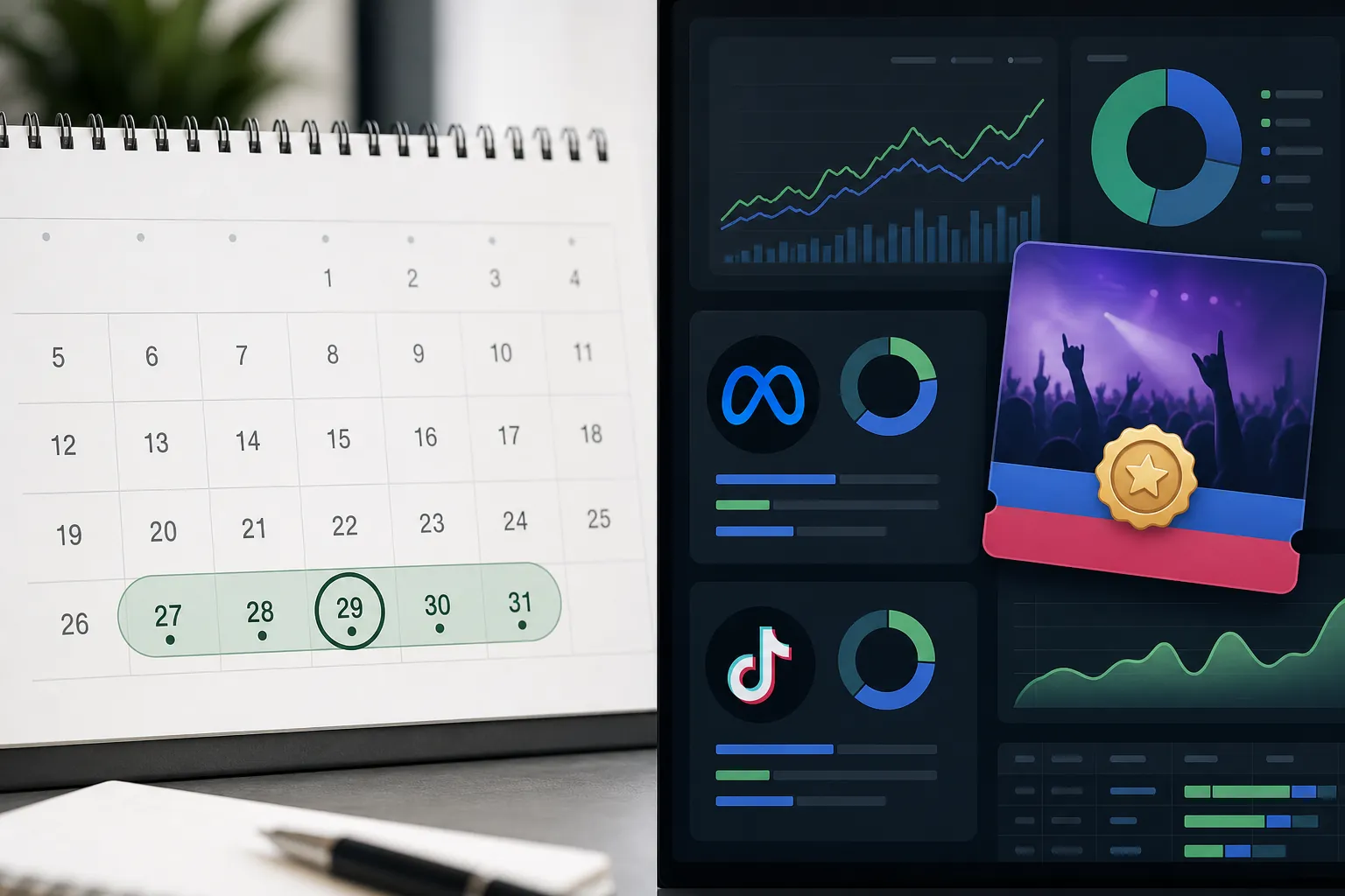 July 27-31 campaign calendar beside a digital advertising dashboard and prize badge