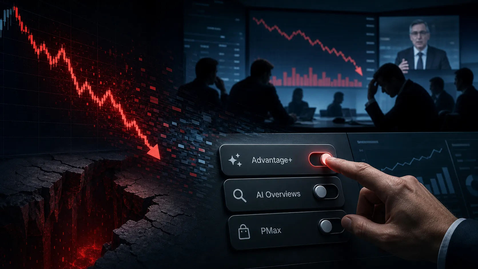 Downward AI stock selloff line turning into automated ad platform toggles