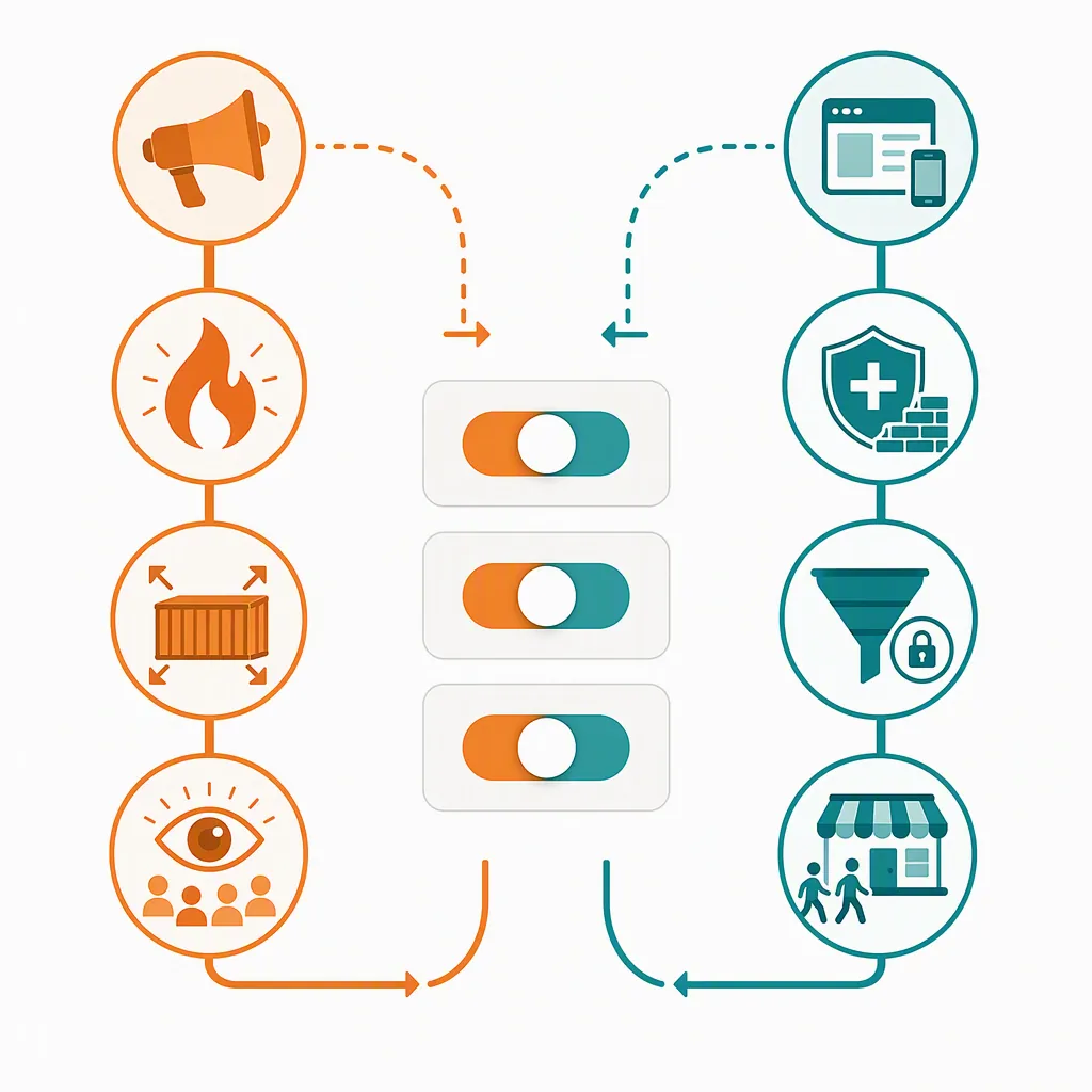 Decision framework showing earned-media and paid-owned media paths with conditions for choosing each