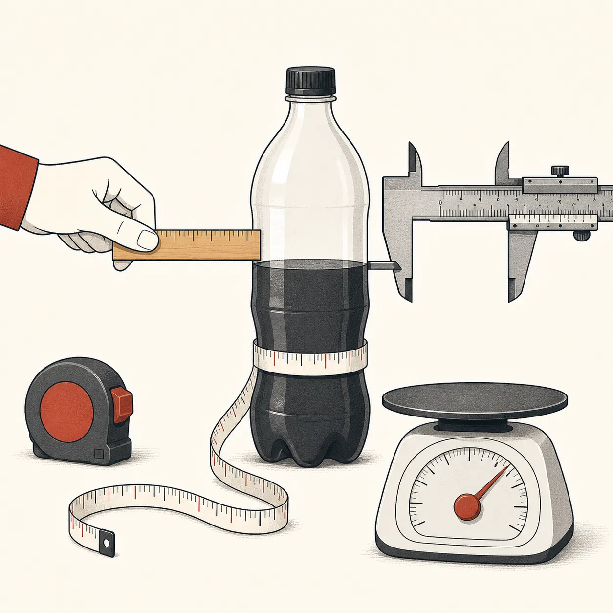 A soda bottle measured by different tools, implying different readings