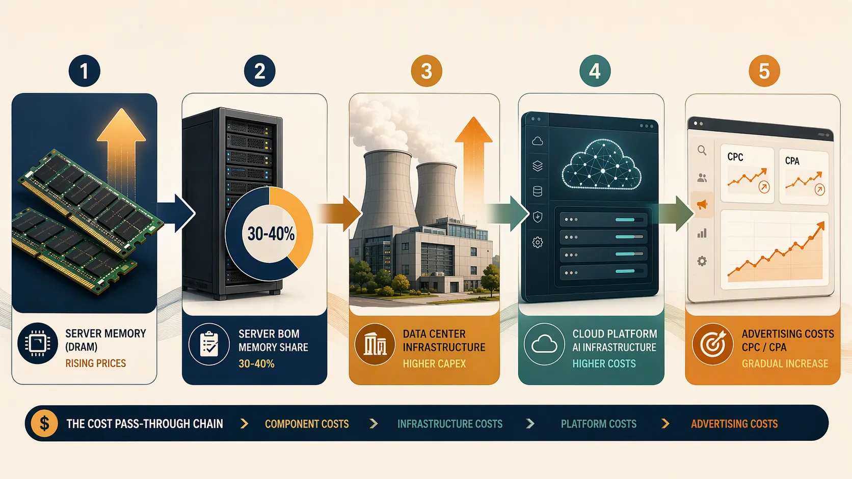 Flow diagram connecting memory prices, server costs, data center capex, cloud platforms, and advertising CPC and CPA trends