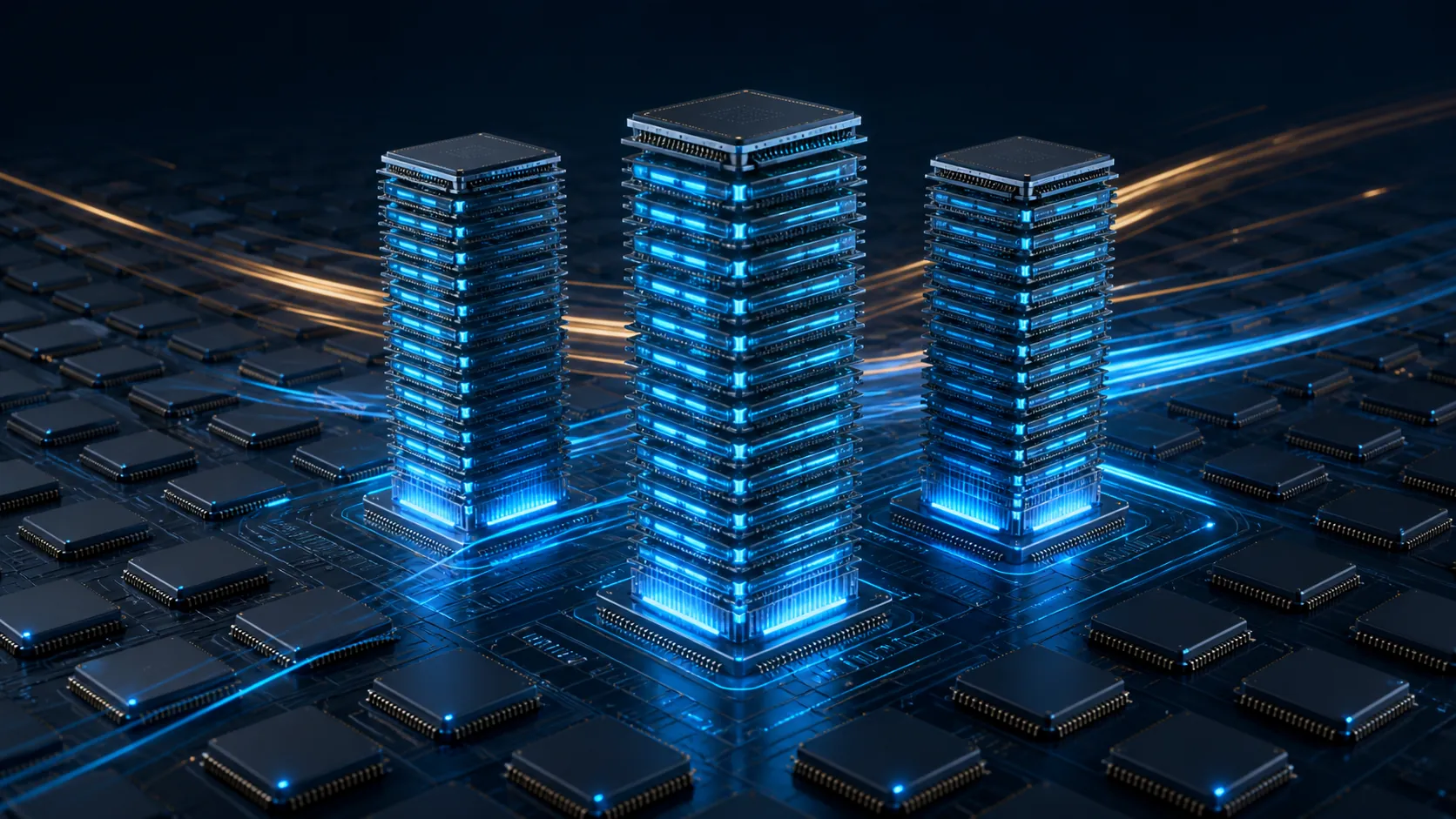 Three prominent stacked HBM memory towers above a field of commodity DRAM chips