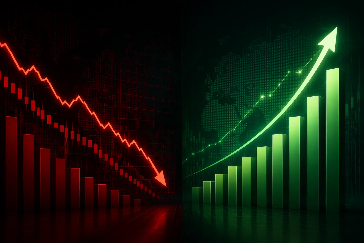 Split-screen visual contrasting a falling stock chart with rising ad revenue growth