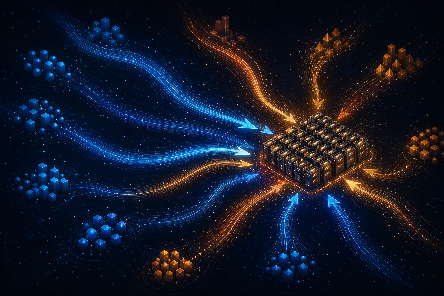 Glowing arrows converging toward a dense cluster of compute nodes
