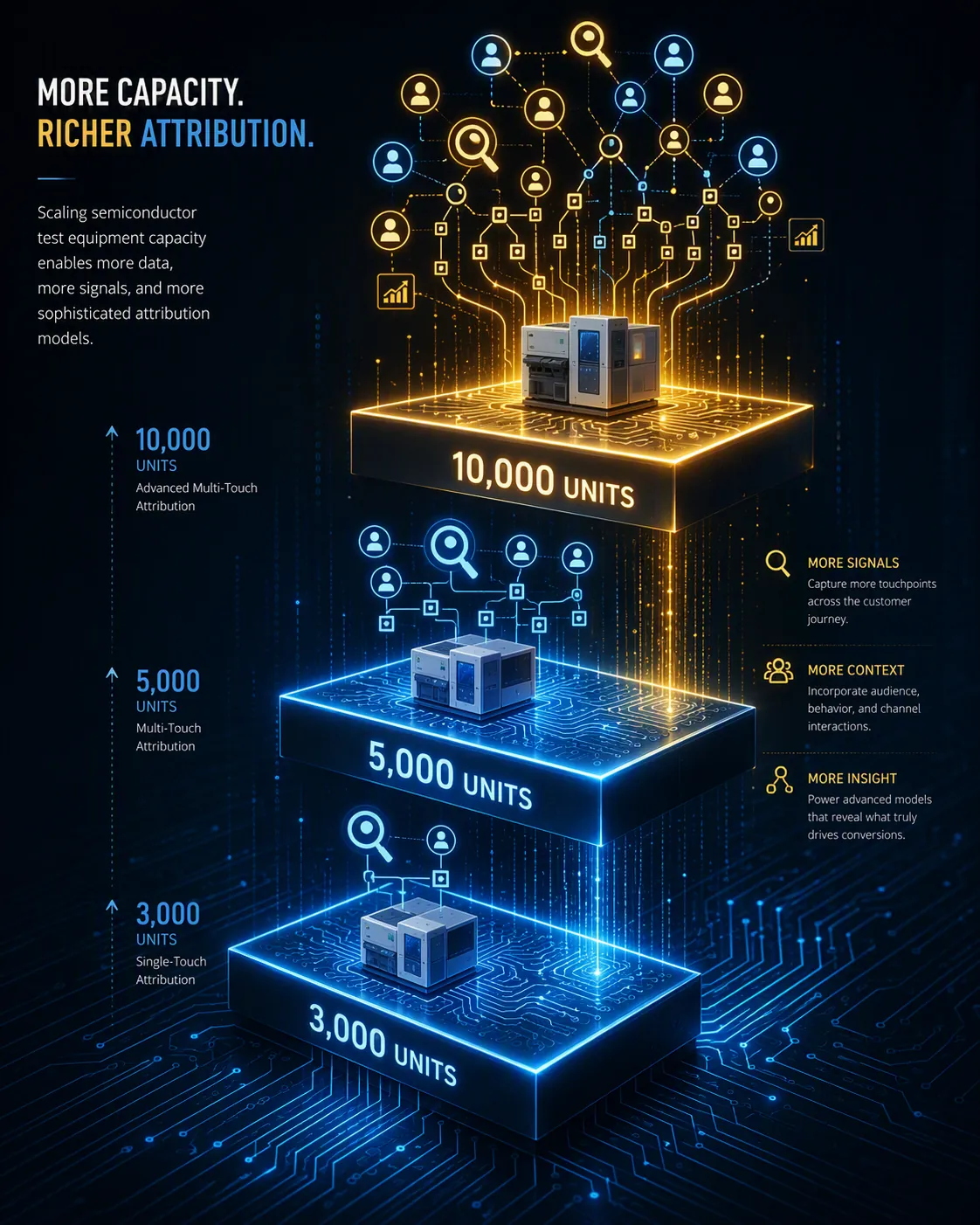 Ascending test equipment capacity levels with attribution icons multiplying as compute capacity rises
