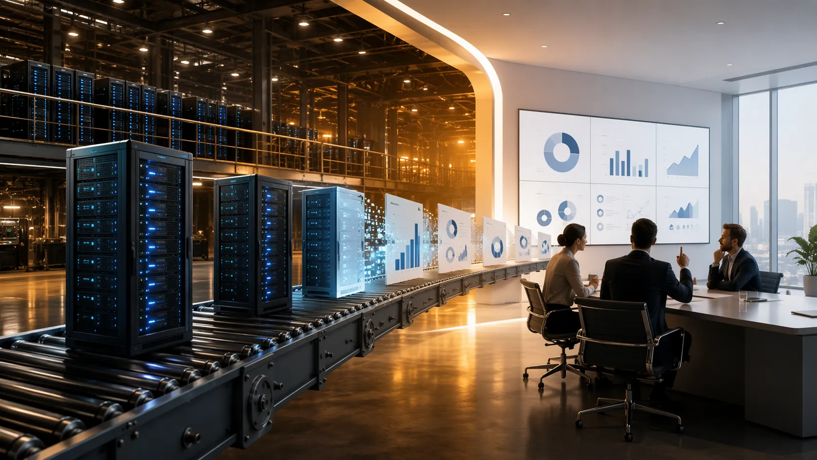 Data center aisle transitioning into business presentation slides with charts and ROI figures