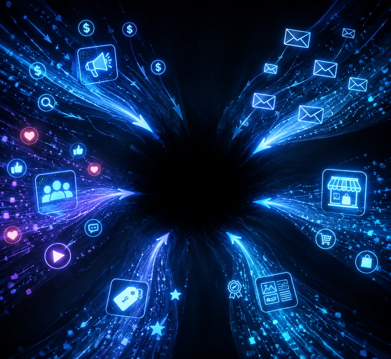 Digital marketing channel symbols streaming toward a dark void