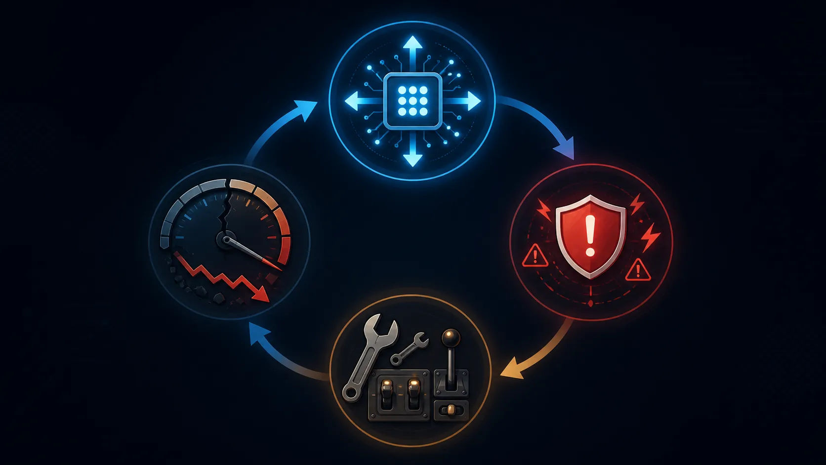 Cycle of AI automation, compliance warnings, manual workarounds, and declining efficiency