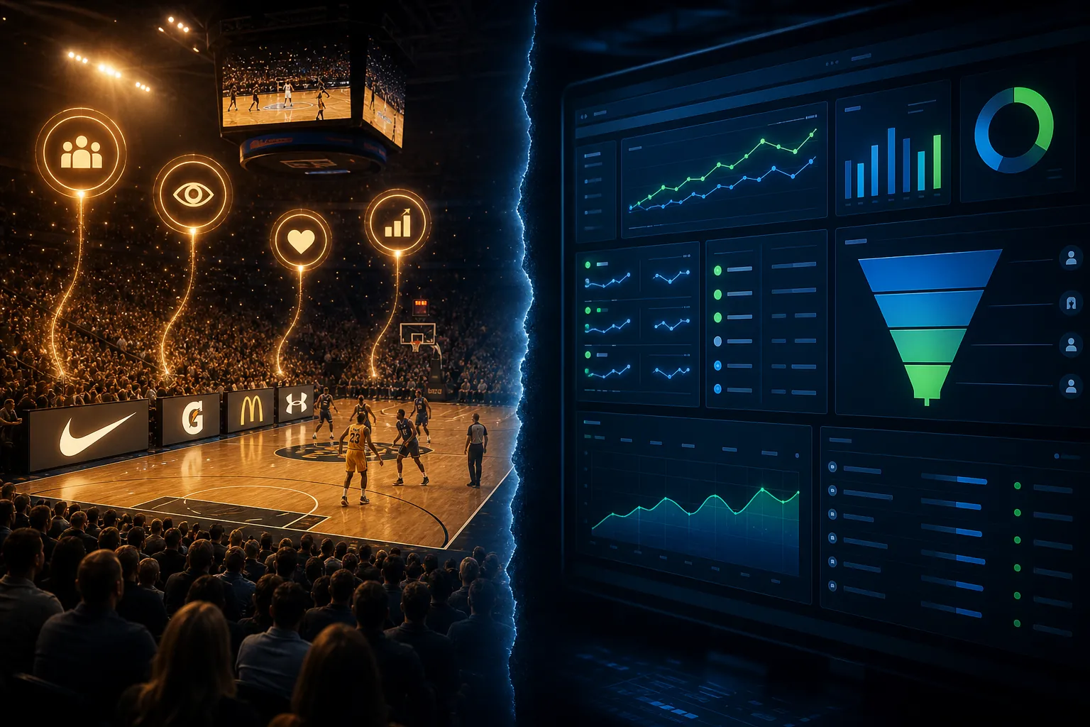 Split-screen illustration contrasting a basketball sponsorship scene with a performance marketing dashboard