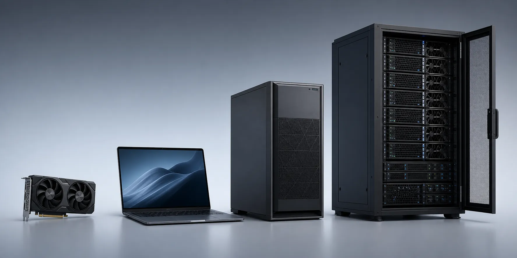 A progression from a small consumer GPU to a laptop, workstation tower, and multi-GPU server rack