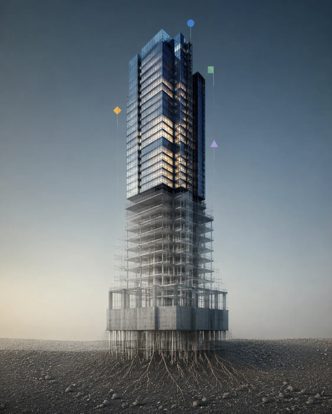 A polished skyscraper with an incomplete translucent foundation and sparse roots