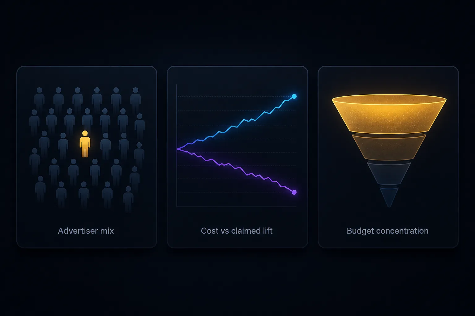 Monitoring dashboard showing advertiser composition, diverging performance lines and concentrated budget